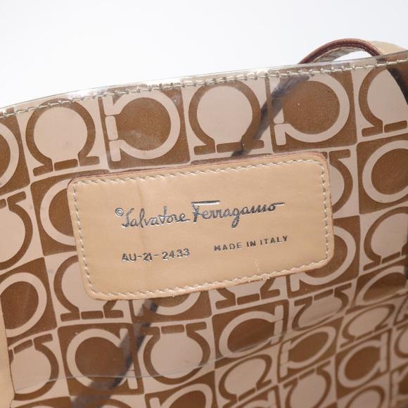 Salvatore Ferragamo Gancini Tote Bag Vinyl Brown Silver Auth BA2989